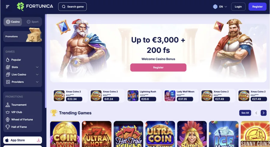 Fortunica Best Casino List homepage interface screenshot